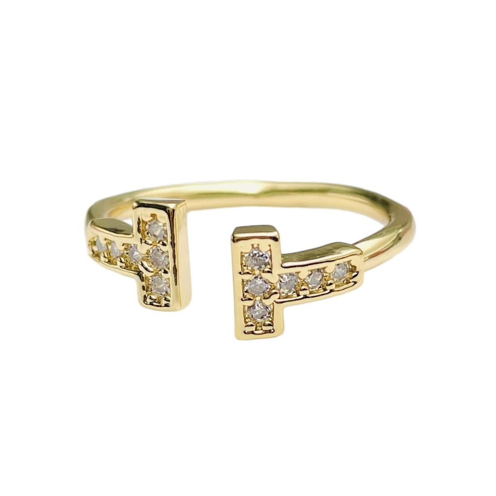 T Shape Cubic Zirconia Anti Tarnish 18K Gold Free Size Ring Women Bulk