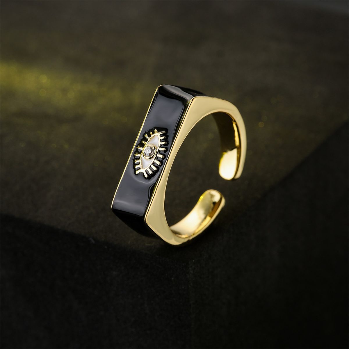 Black Enamel Evil Eye 18K Gold Anti Tarnish Open Back Ring Women Bulk
