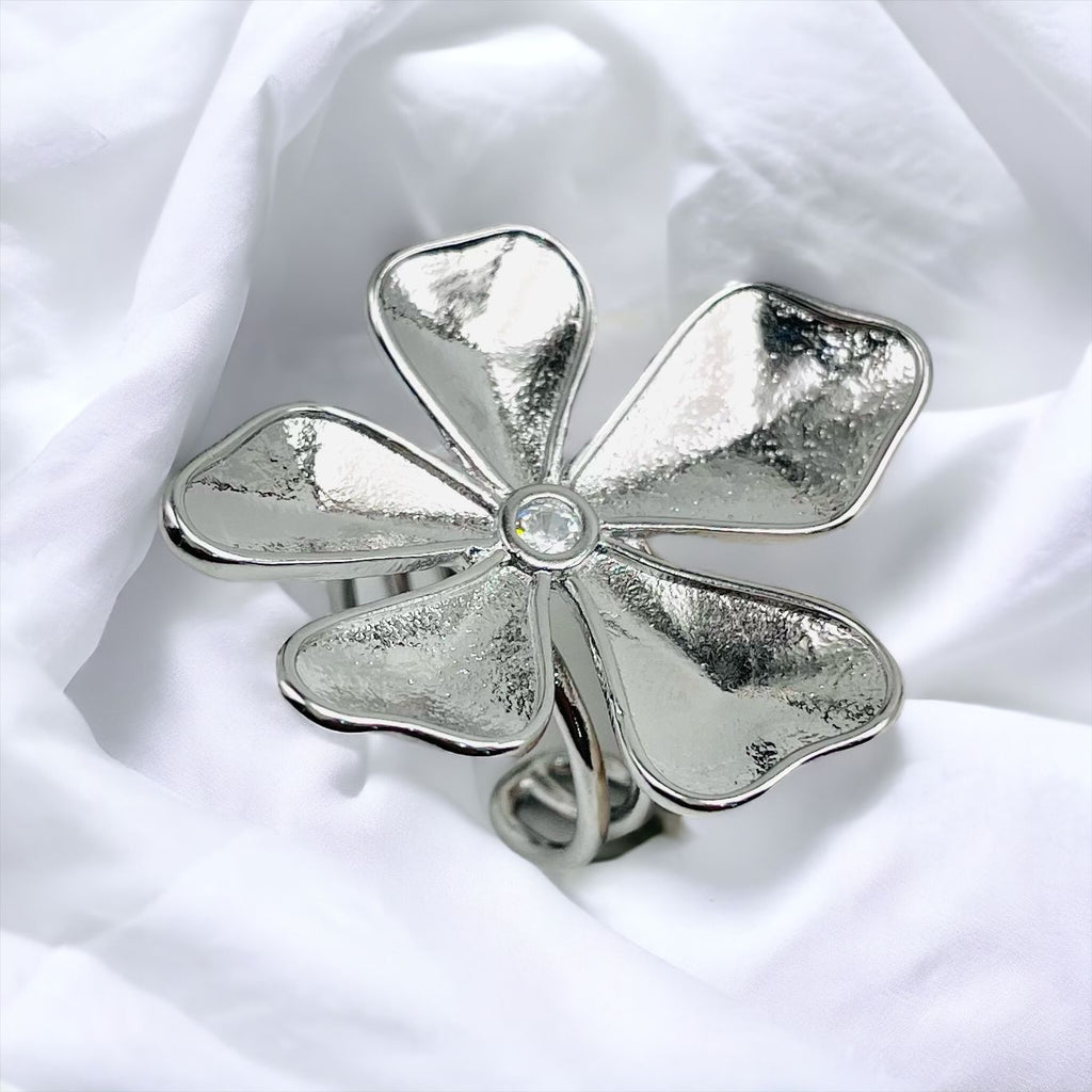 Flower Silver Anti Tarnish Cubic Zirconia Open Back Band Ring Bulk