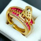 Zip Crystal CZ Red 18K Gold Anti Tarnish Adjustable Ring Bulk
