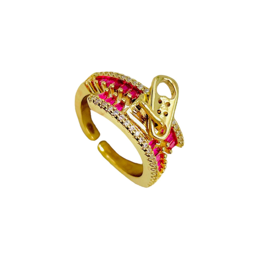 Zip Crystal CZ Red 18K Gold Anti Tarnish Adjustable Ring Bulk