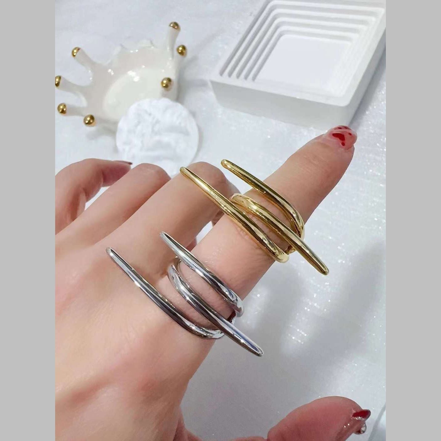 Triple Nail 18K Gold Anti Tarnish Free Size Ring For Women Bulk Main image