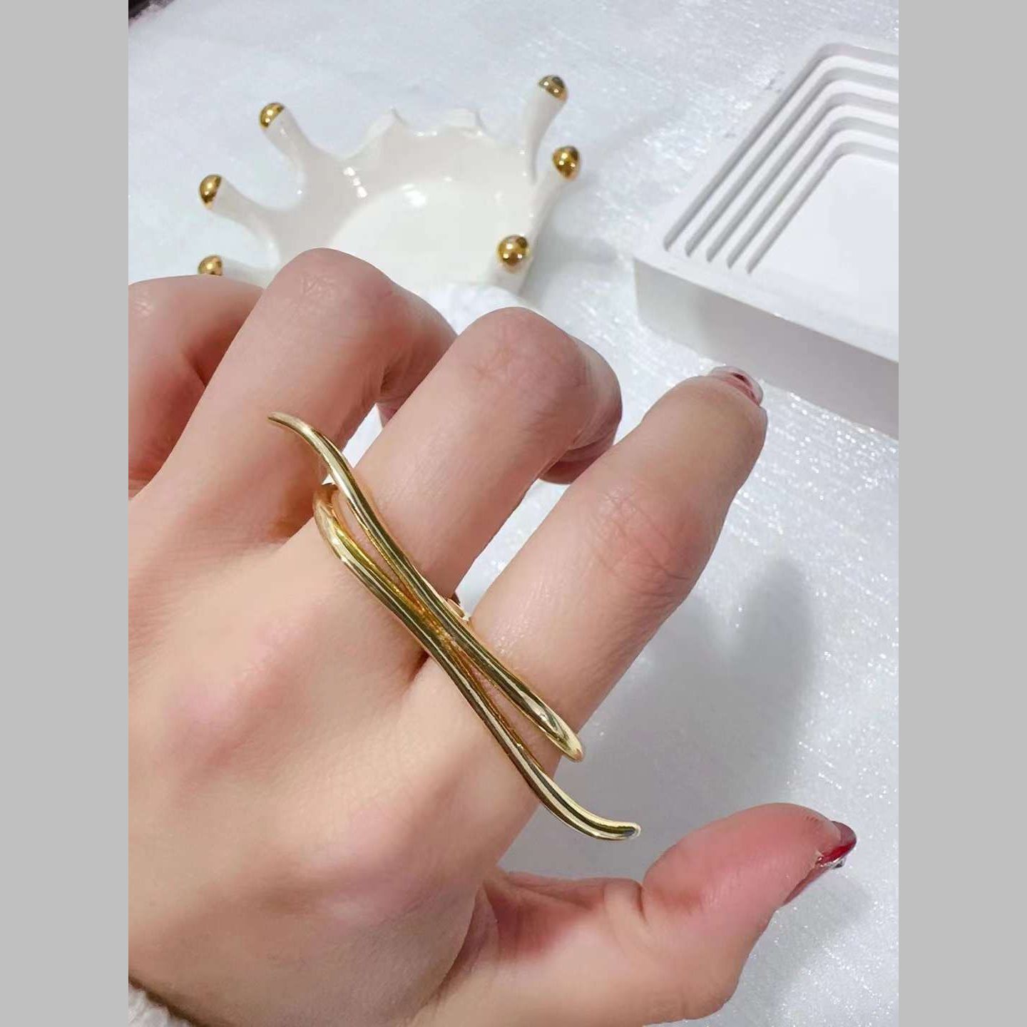 Dual Nail 18K Gold Anti Tarnish Free Size Ring For Women Bulk