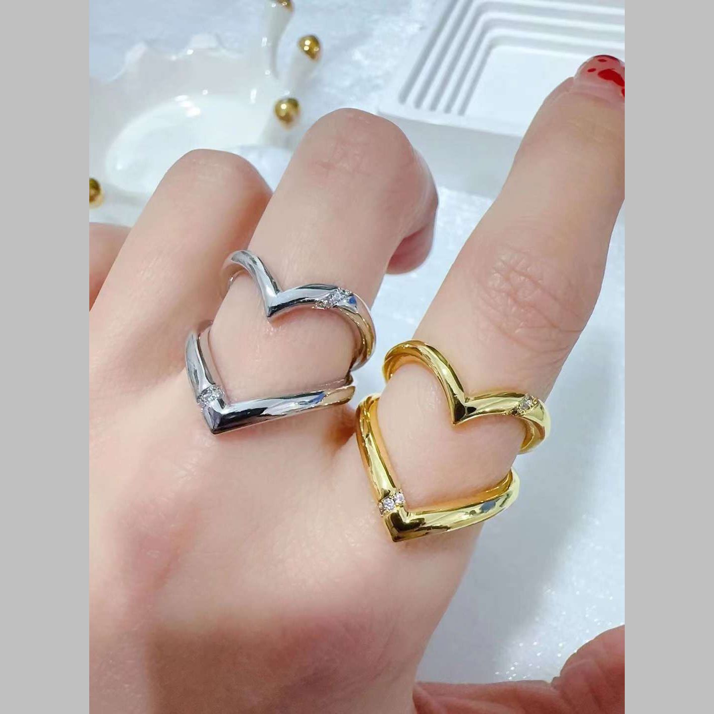 Heart Cubic Zirconia 18K Gold Anti Tarnish Free Size Ring Women Bulk Main image