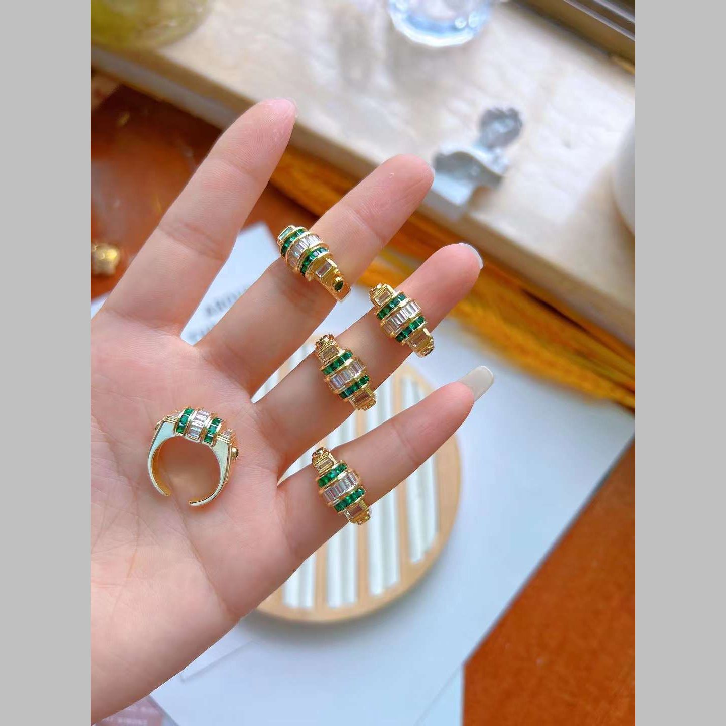 Baguette CZ Crystal Green 18K Gold Anti Tarnish Adjustable Ring Bulk Main image