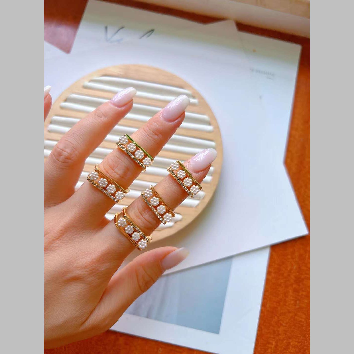 Flower Pearl White 18K Gold Anti Tarnish Adjustable Ring Women Bulk