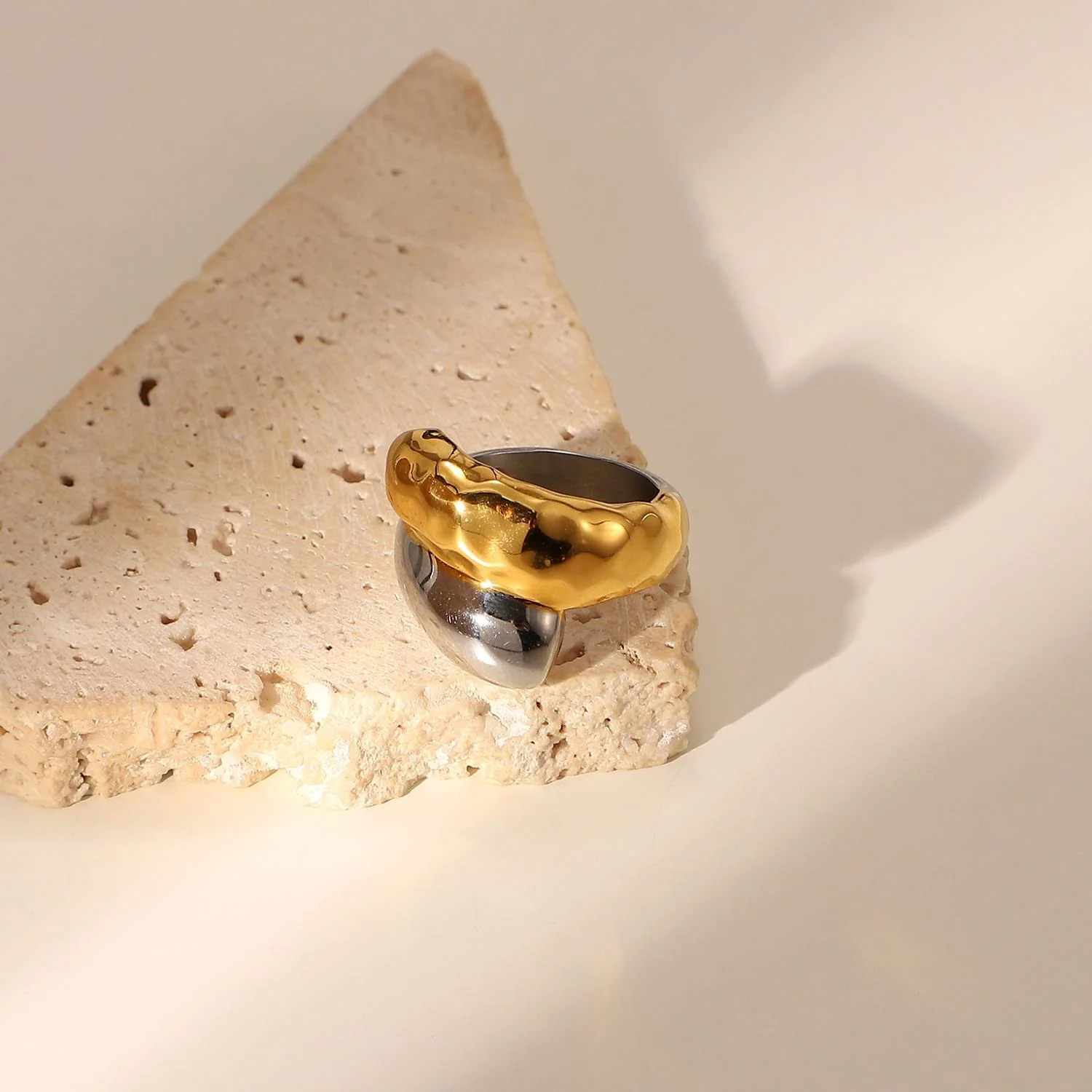 Dented Two Tone 18K Gold Silver Stainless Steel Anti Tarnish Ring Bulk Main image