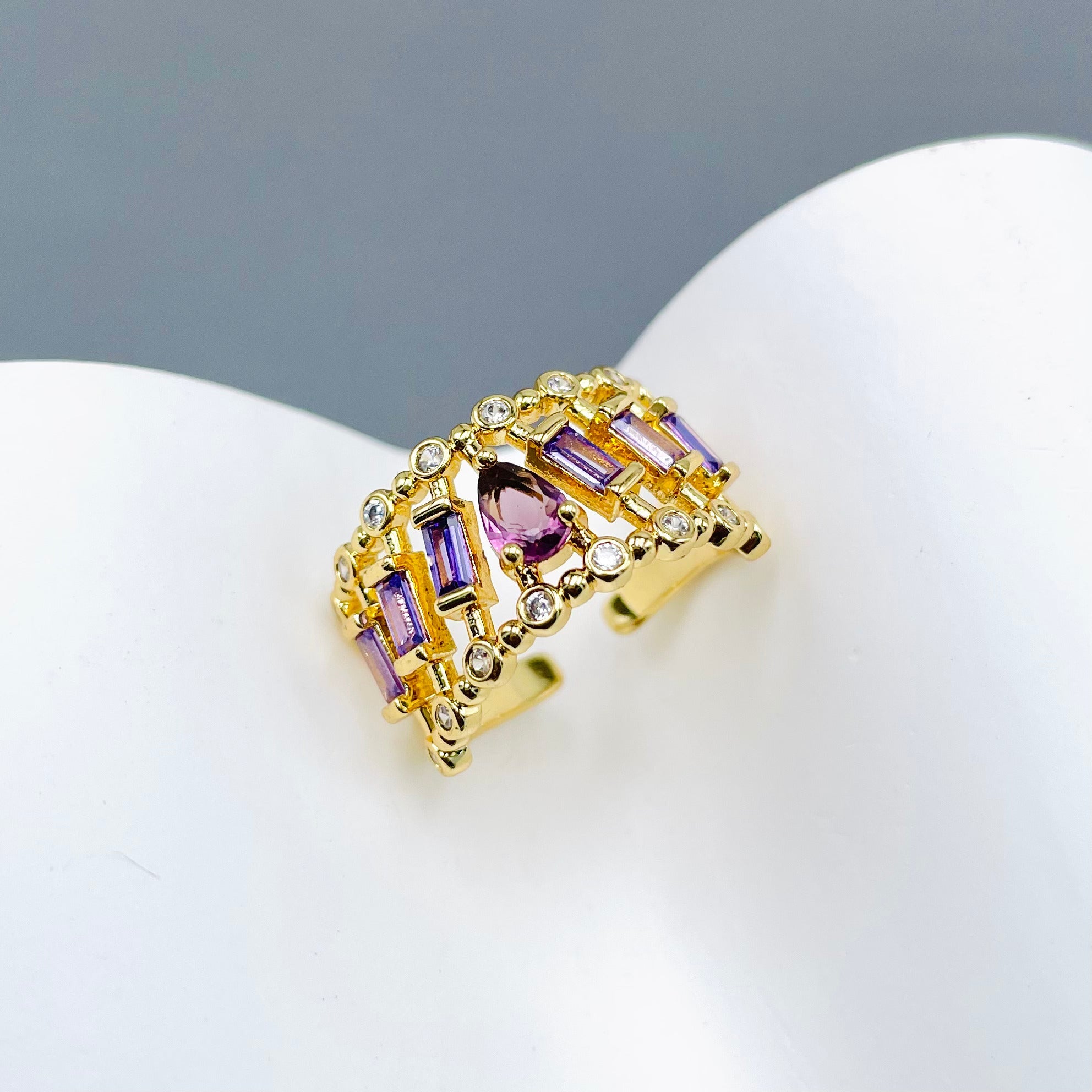Drop Baguette CZ Crystal Purple Gold Anti Tarnish Adjustable Ring Bulk Main image