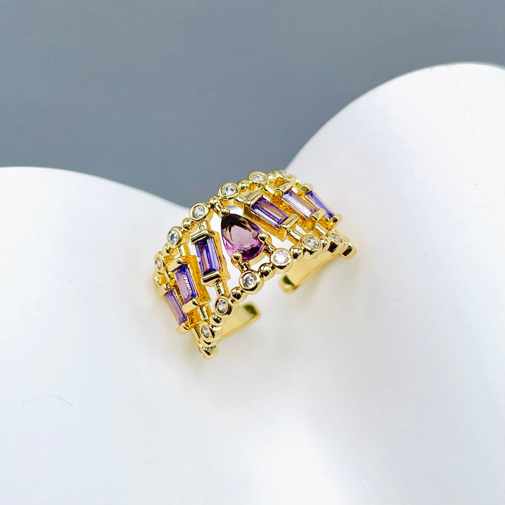 Drop Baguette CZ Crystal Purple Gold Anti Tarnish Adjustable Ring Bulk