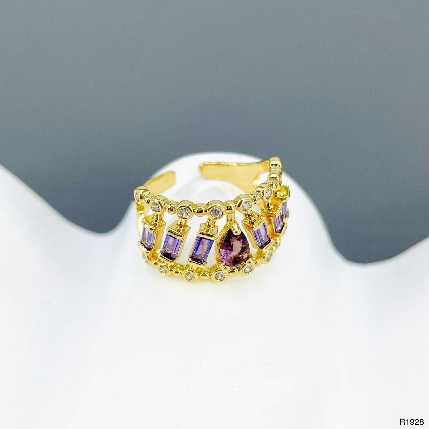Drop Baguette CZ Crystal Purple Gold Anti Tarnish Adjustable Ring Bulk