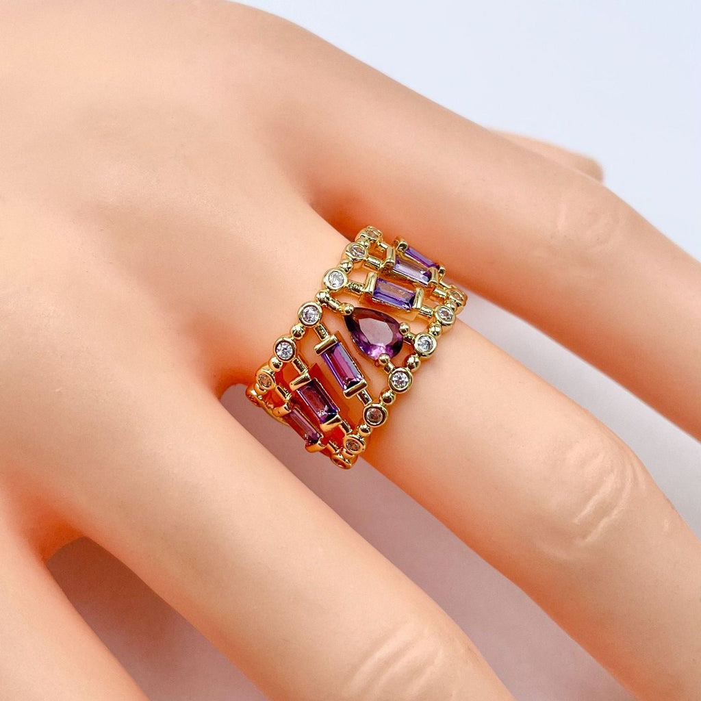 Drop Baguette CZ Crystal Purple Gold Anti Tarnish Adjustable Ring Bulk