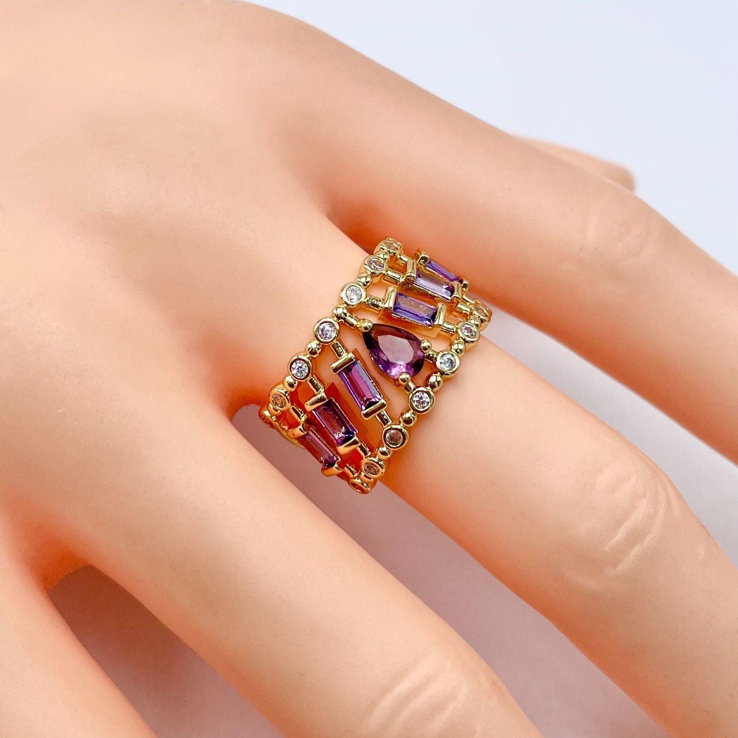 Drop Baguette CZ Crystal Purple Gold Anti Tarnish Adjustable Ring Bulk