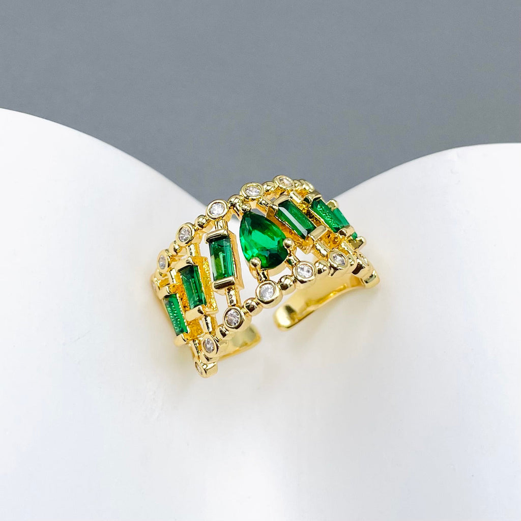 Drop Baguette CZ Crystal Purple Gold Anti Tarnish Adjustable Ring Bulk