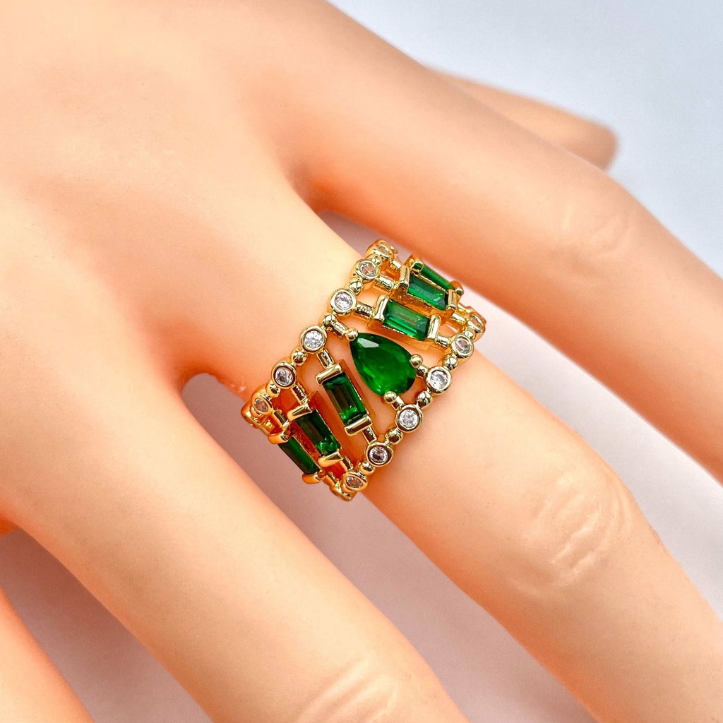 Drop Baguette CZ Crystal Purple Gold Anti Tarnish Adjustable Ring Bulk
