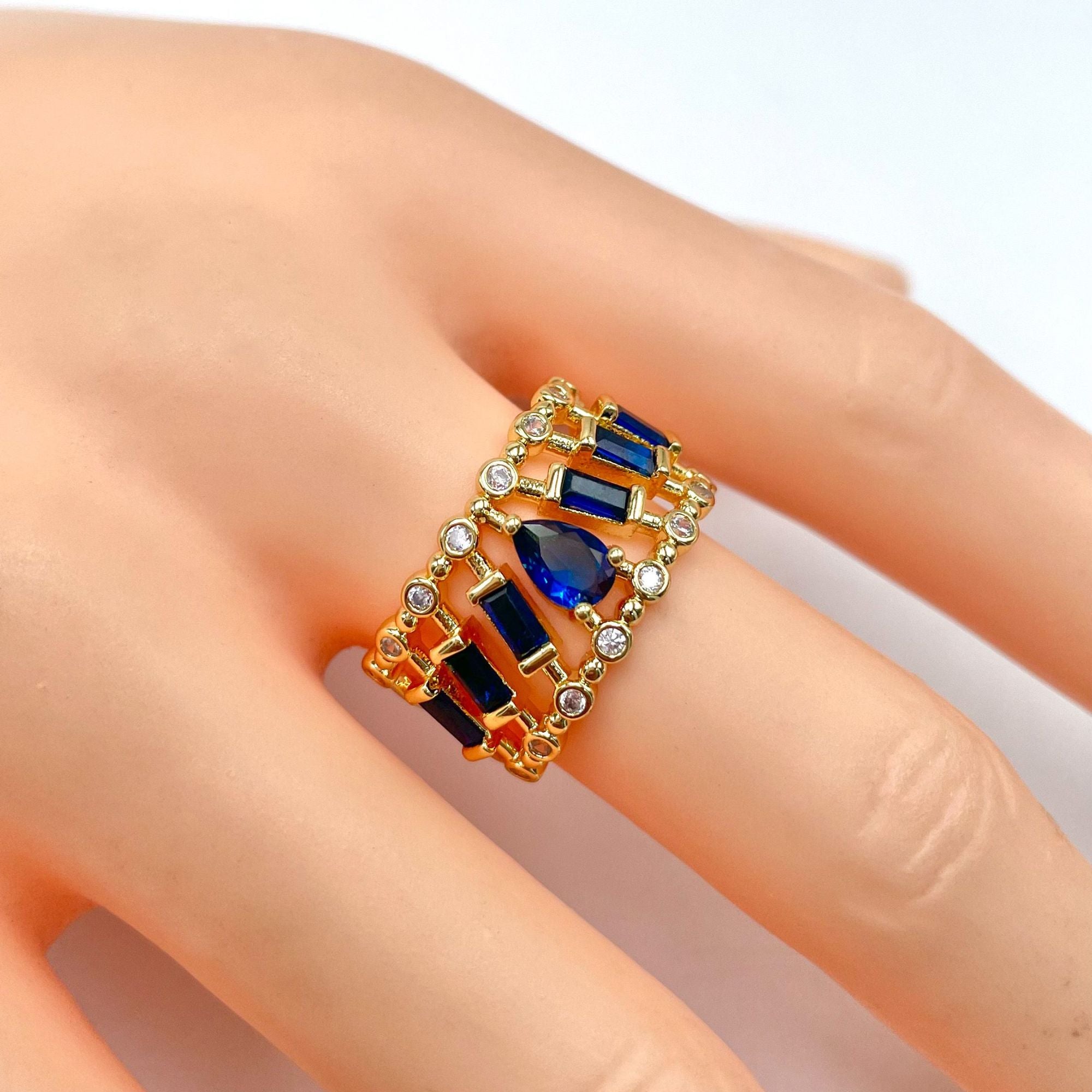 Drop Baguette CZ Crystal Purple Gold Anti Tarnish Adjustable Ring Bulk