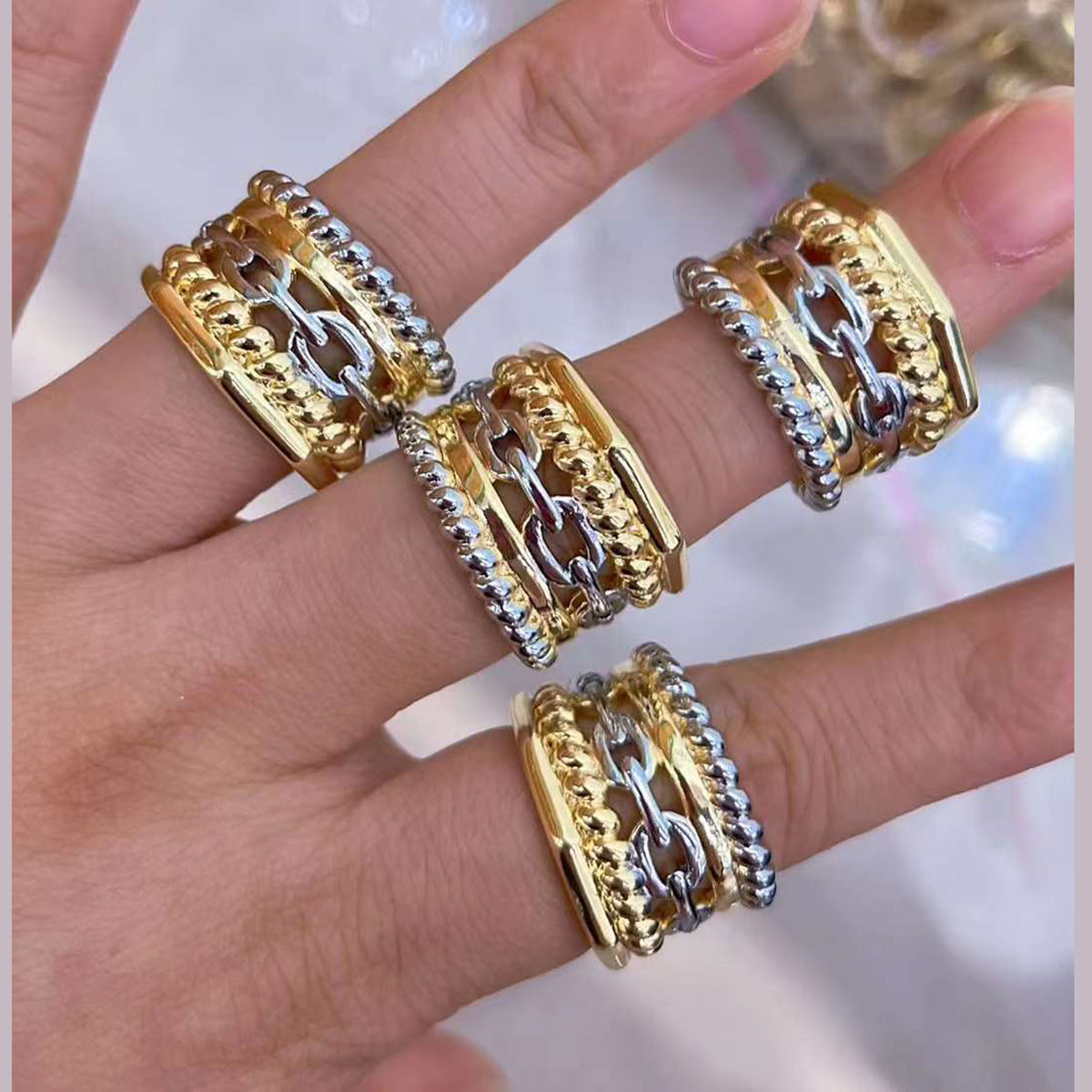Chain Link 18K Gold Silver Anti Tarnish Adjustable Ring For Women Main image