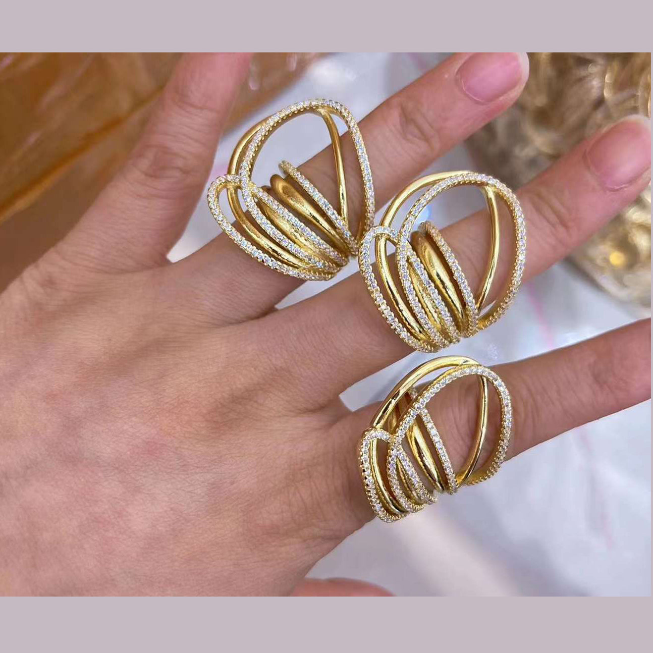 Layer Cubic Zirconia 18K Gold Anti Tarnish Adjustable Ring Women Bulk