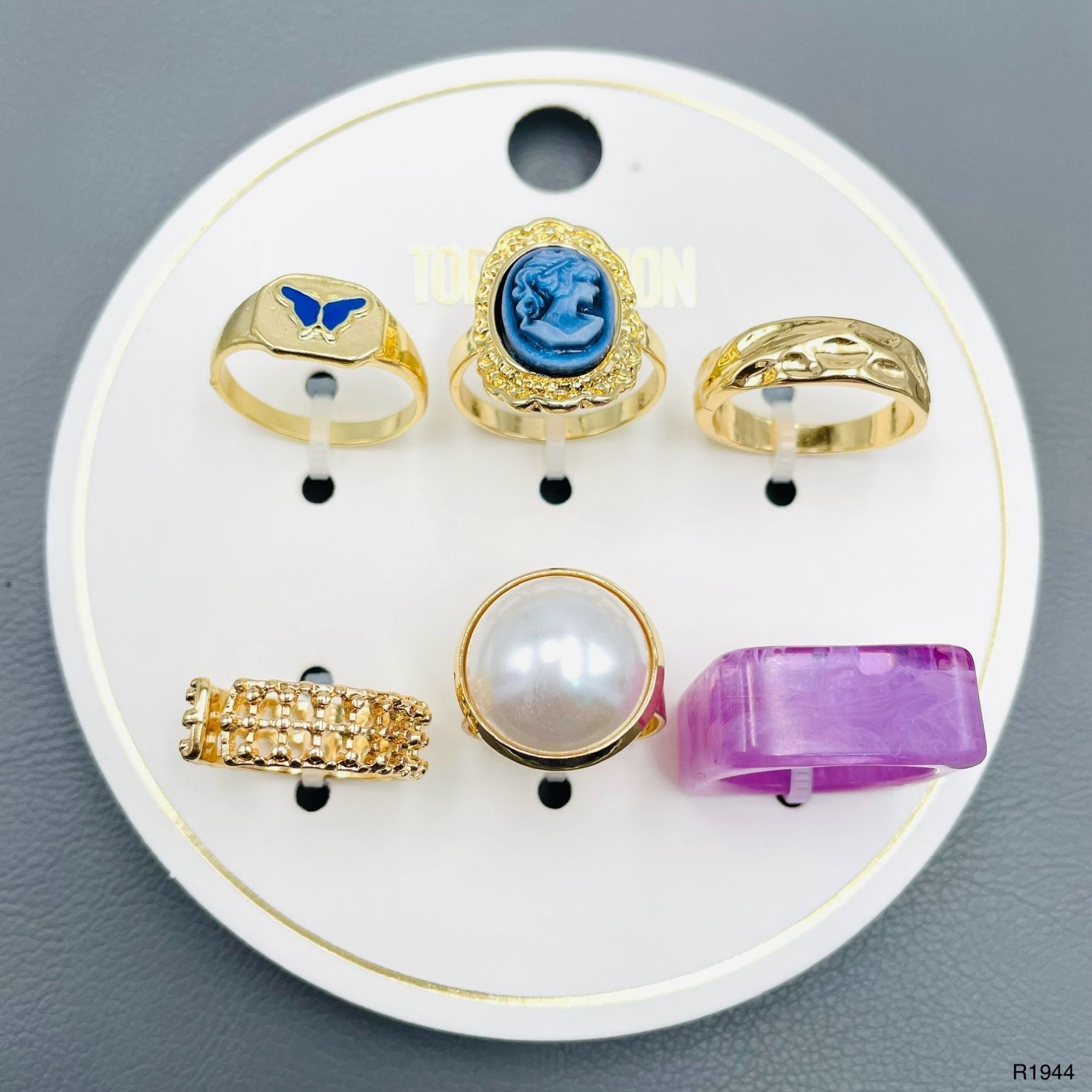 Butterfly Dented Multi 18K Gold Pearl Beads Acrylic Anti Tarnish Adjustable Combo Pack Of 6 Ring For Women Main image