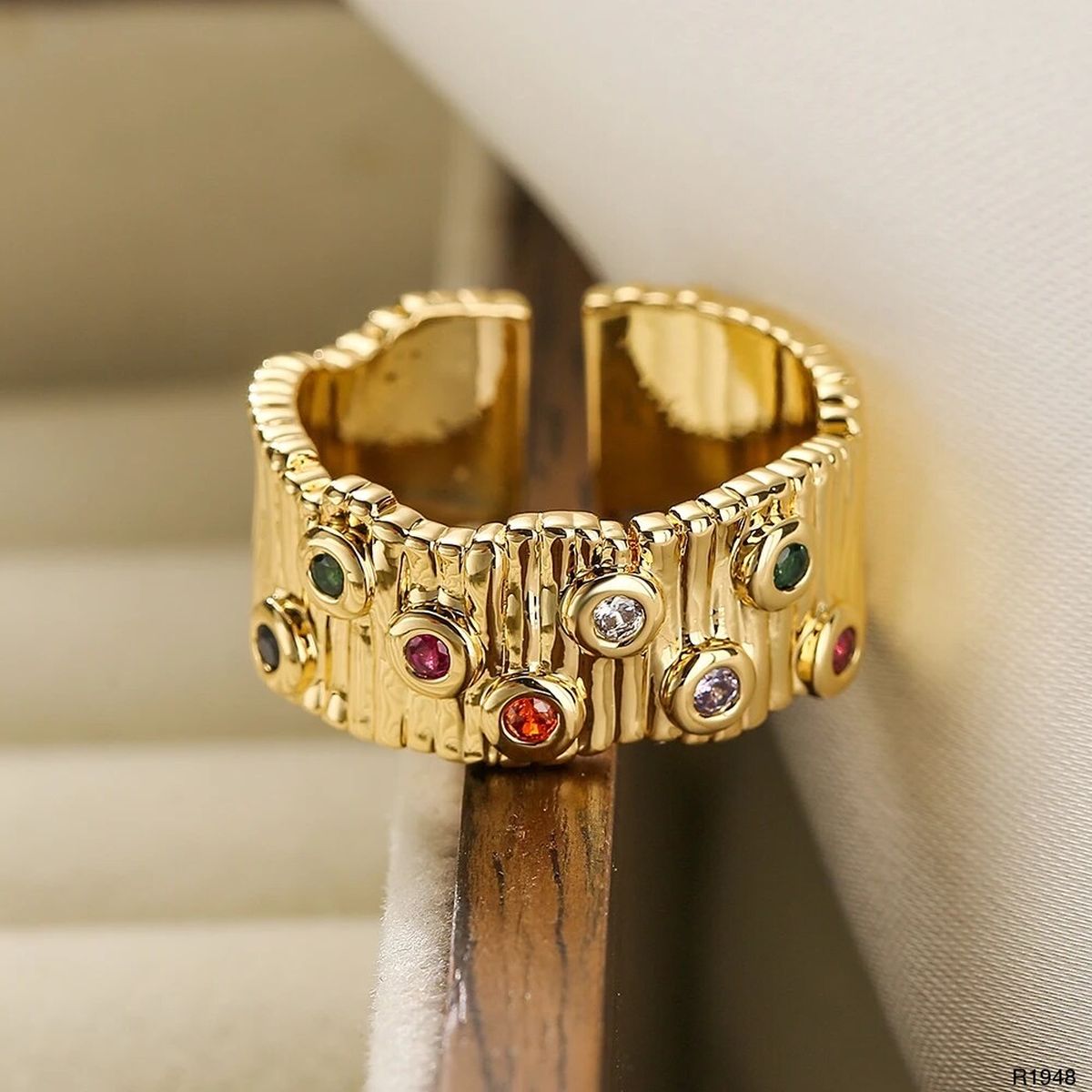Rainbow Multi 18K Gold CZ Crystal Anti Tarnish Adjustable Ring Bulk