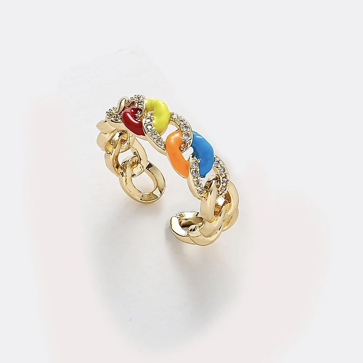 Rainbow Curb Chain Multi 18K Gold CZ Anti Tarnish Free Size Ring Bulk Secondary image
