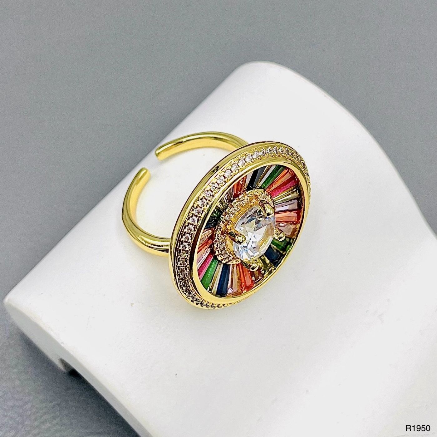 Rainbow Solitaire Multi Gold CZ Crystal Anti Tarnish Ring Bulk