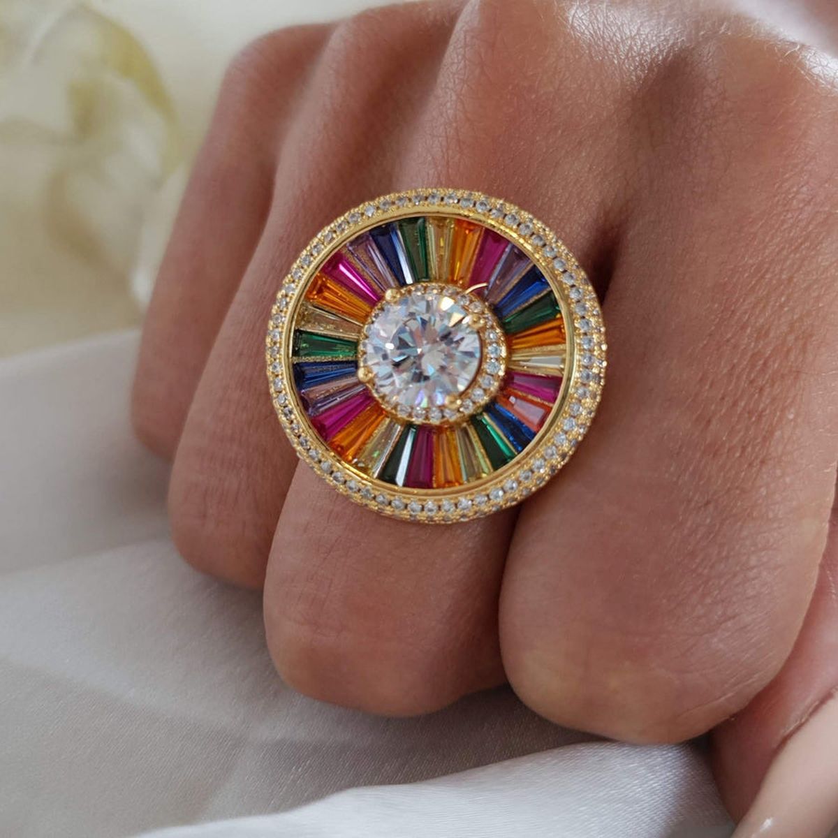 Rainbow Solitaire Multi Gold CZ Crystal Anti Tarnish Ring Bulk