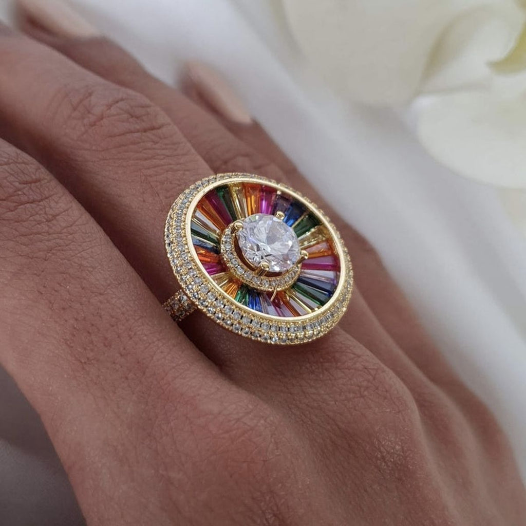 Rainbow Solitaire Multi Gold CZ Crystal Anti Tarnish Ring Bulk