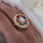 Rainbow Solitaire Multi Gold CZ Crystal Anti Tarnish Ring Bulk