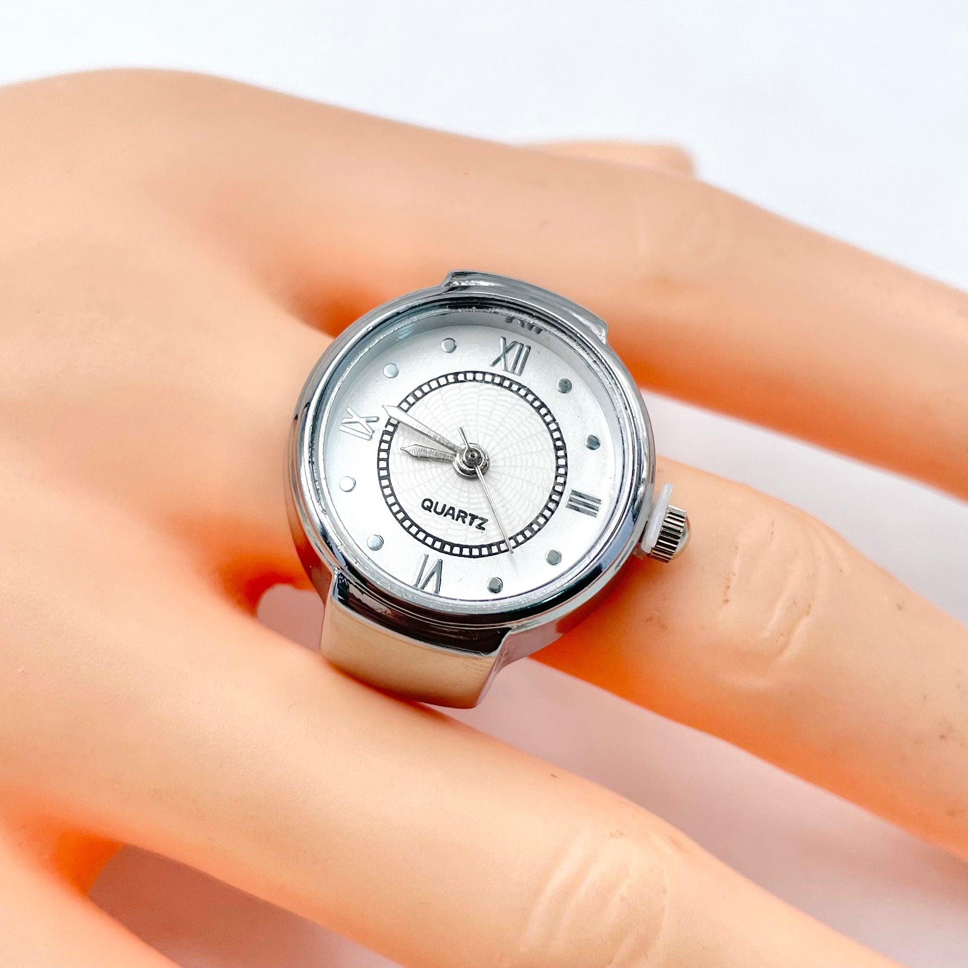 Analog Watch White Silver Anti Tarnish Adjustable Band Ring Women Bulk