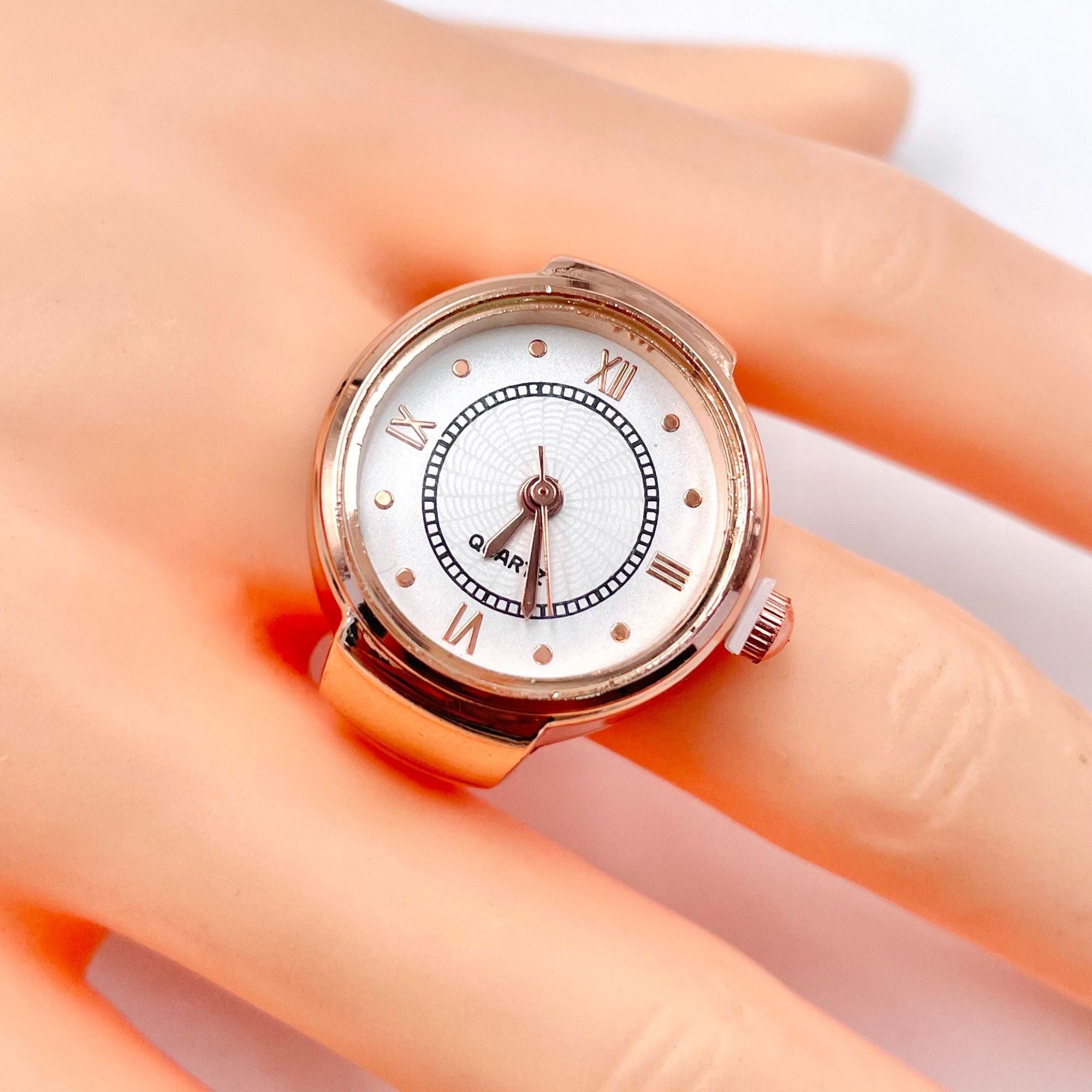 Analog Watch White Silver Anti Tarnish Adjustable Band Ring Women Bulk