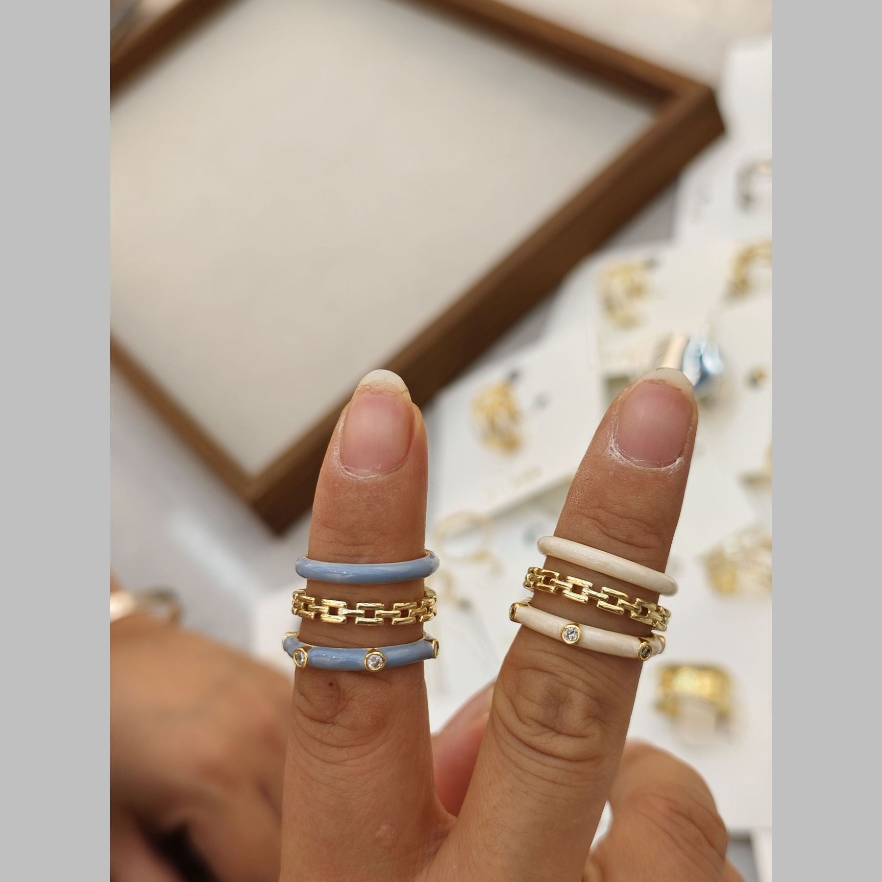 Chain Layer CZ Enamel Gary 18K Gold Anti Tarnish Adjustable Ring Bulk Main image