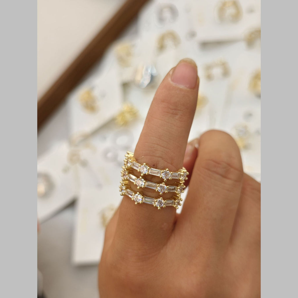 Baguette Layer CZ 18K Gold Anti Tarnish Adjustable Ring Bulk
