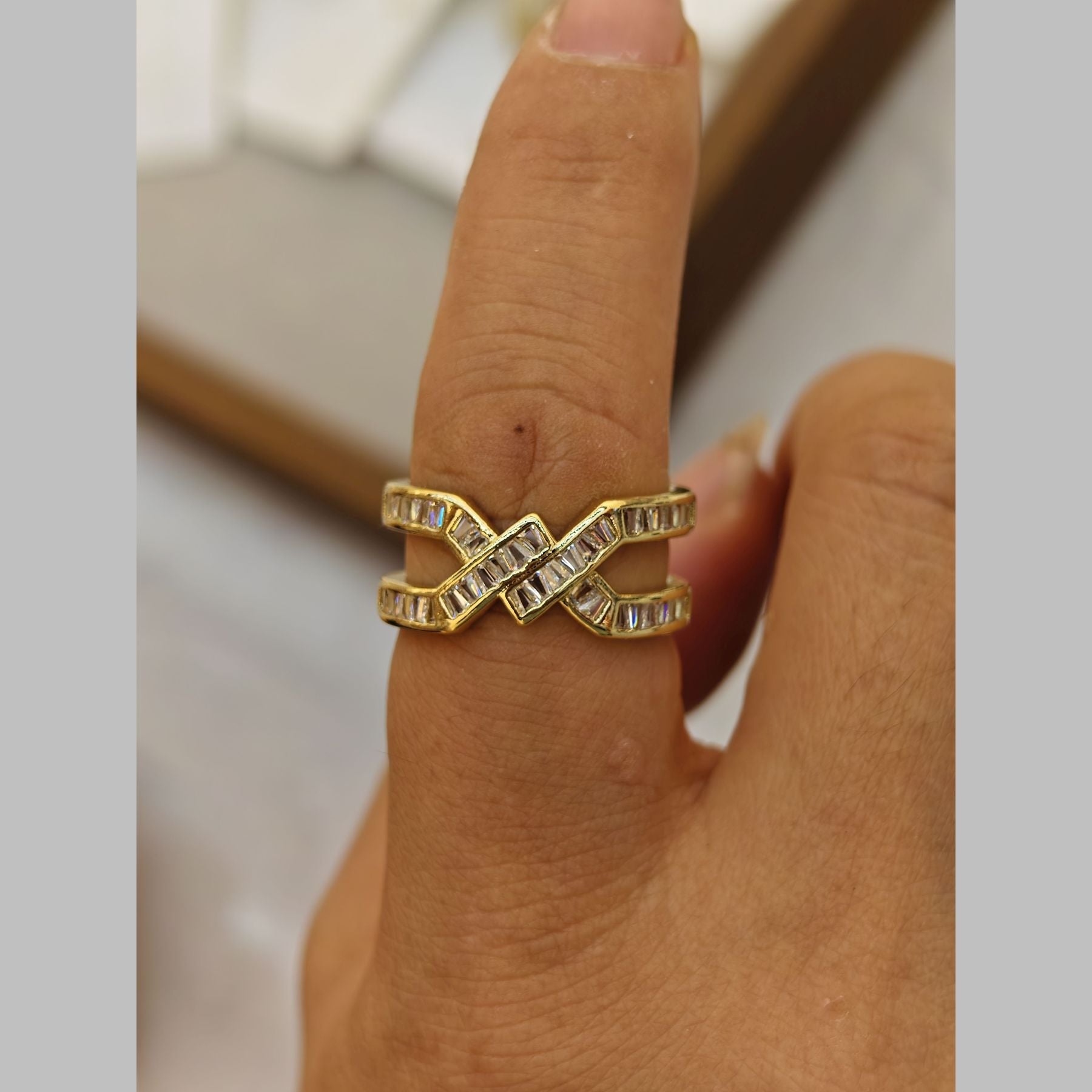 Baguette Cubic Zirconia 18K Gold Anti Tarnish Adjustable Ring Bulk