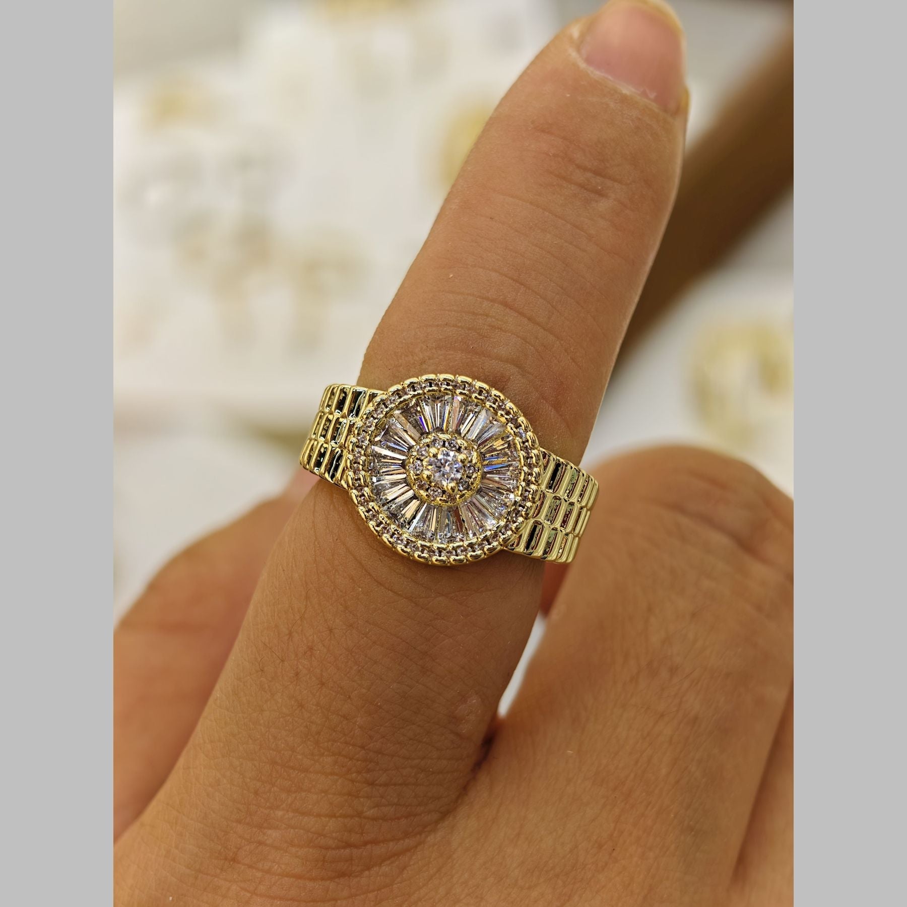 Round Baguette CZ 18K Gold Anti Tarnish Adjustable Band Ring Bulk Main image