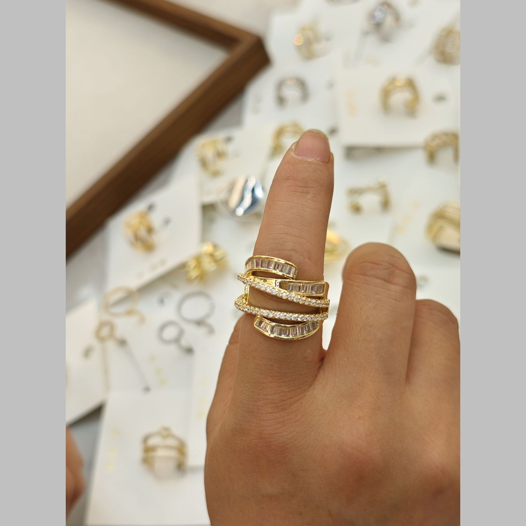 Stylish Baguette CZ 18K Gold Anti Tarnish Adjustable Ring Bulk Main image