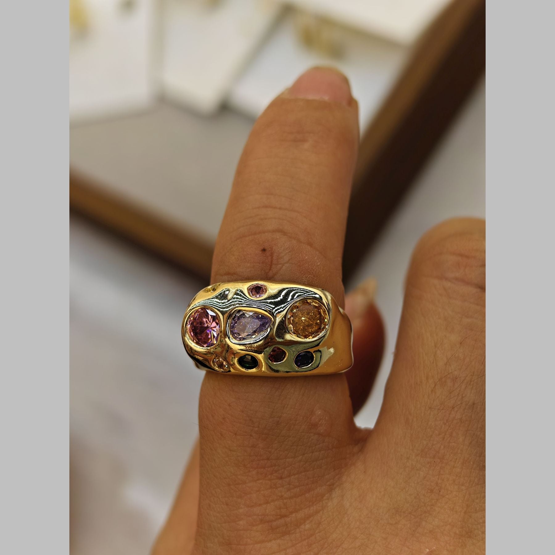 Studded Crystal Multi 18K Gold Anti Tarnish Adjustable Band Ring Bulk Main image