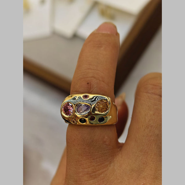 Studded Crystal Multi 18K Gold Anti Tarnish Adjustable Band Ring Bulk Main image