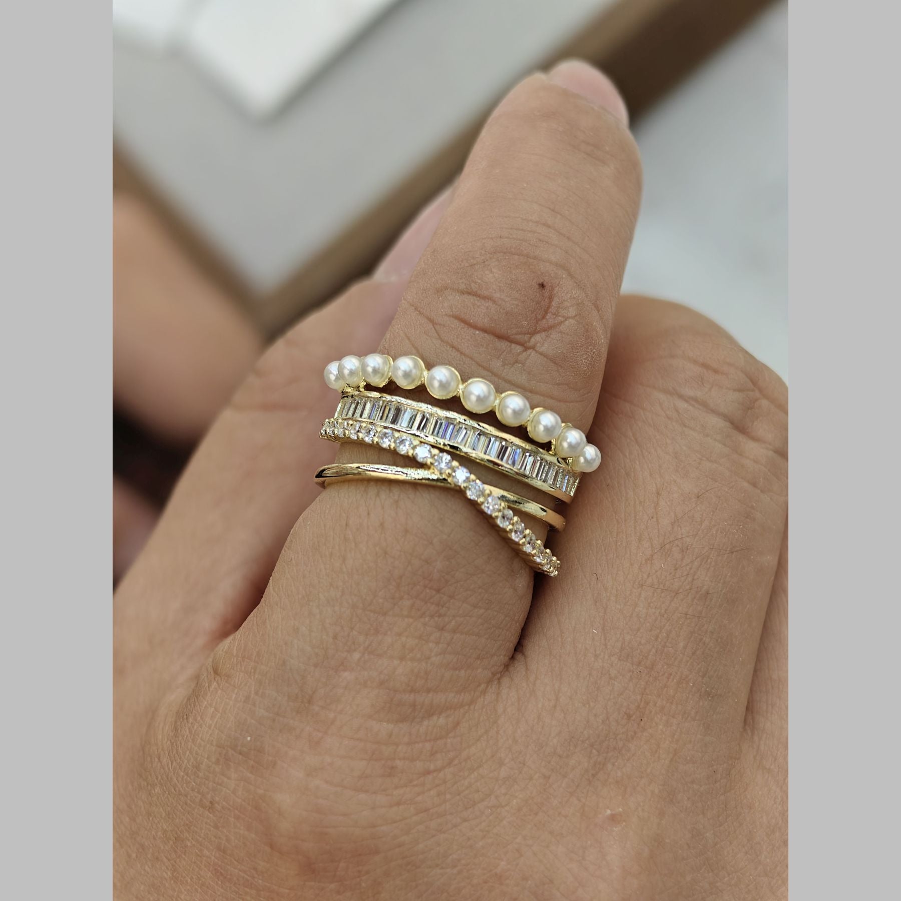 Baguette Cross Over CZ Pearl White Gold Anti Tarnish Ring Bulk
