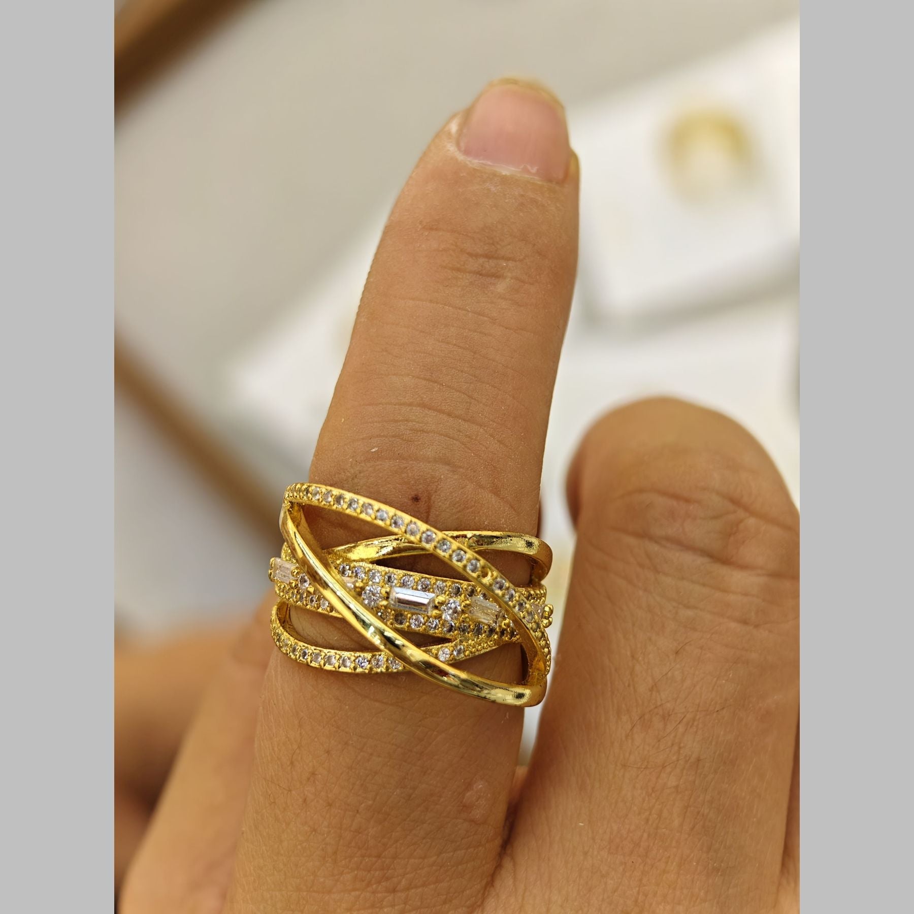 Baguette Cross Layer CZ 18K Gold Anti Tarnish Adjustable Ring Bulk