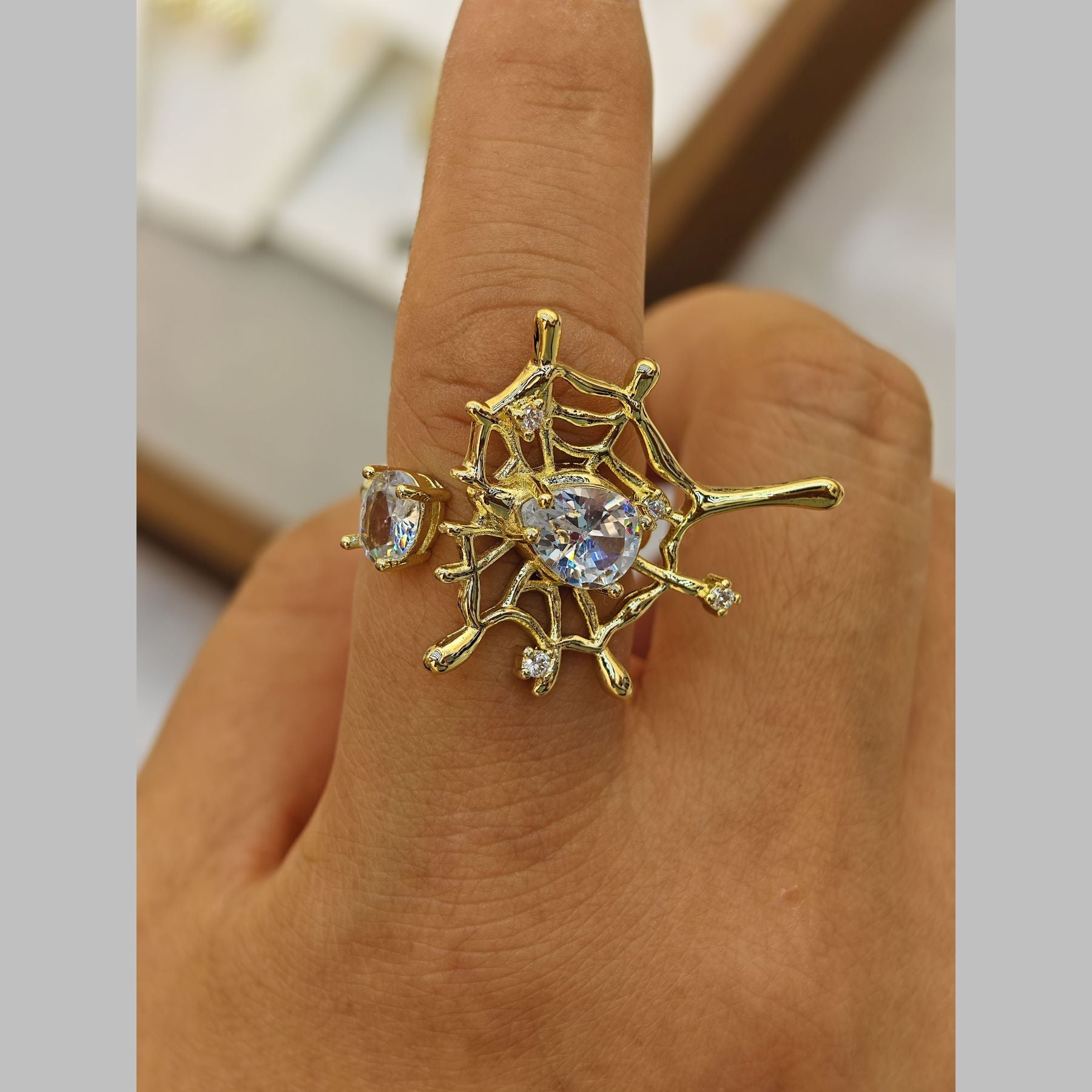 Solitaire Drop Spider Webs CZ Gold Anti Tarnish Adjustable Ring Bulk