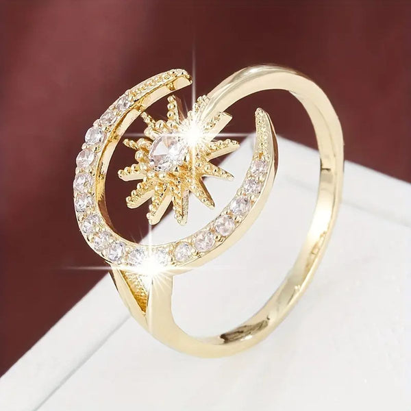 Crescent Moon Star 18K Gold CZ Anti Tarnish Free Size Ring Bulk Main image