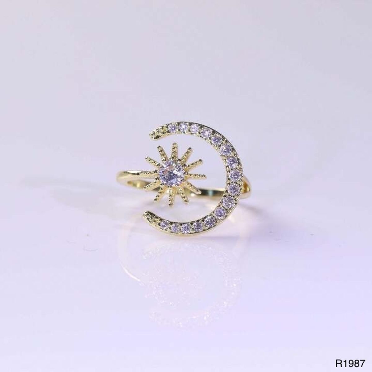 Crescent Moon Star 18K Gold CZ Anti Tarnish Free Size Ring Bulk
