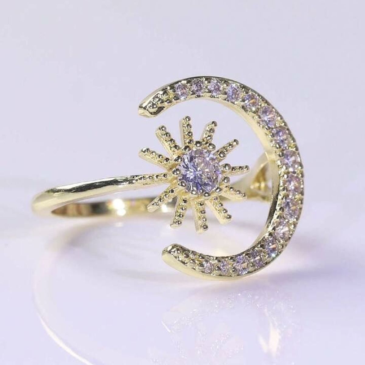 Crescent Moon Star 18K Gold CZ Anti Tarnish Free Size Ring Bulk