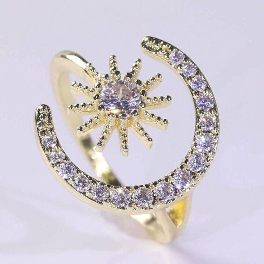 Crescent Moon Star 18K Gold CZ Anti Tarnish Free Size Ring Bulk