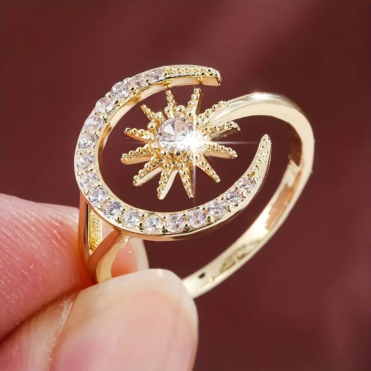 Crescent Moon Star 18K Gold CZ Anti Tarnish Free Size Ring Bulk