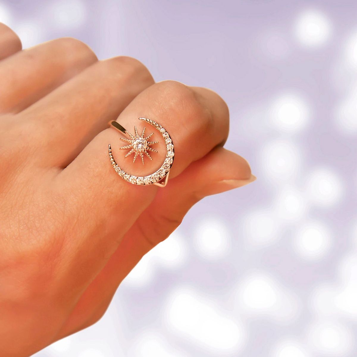 Crescent Moon Star 18K Gold CZ Anti Tarnish Free Size Ring Bulk
