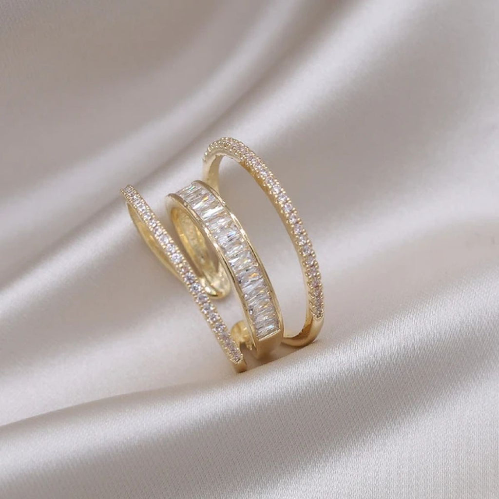 Baguette Layer Pink Gold CZ Crystal Anti Tarnish Free Size Ring Bulk