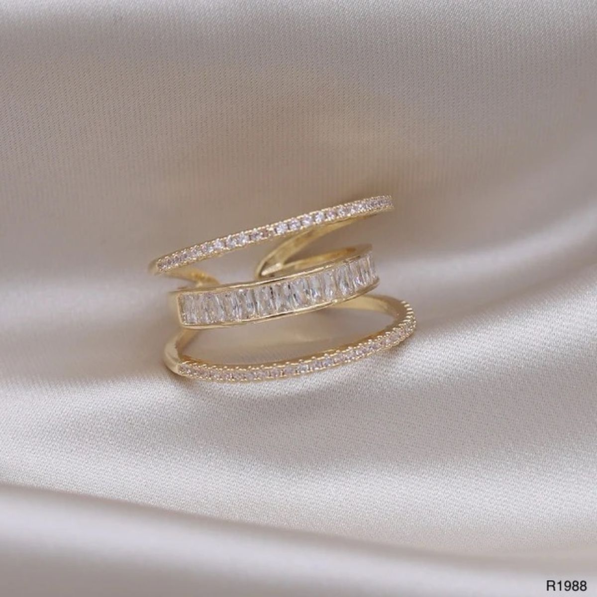 Baguette Layer Pink Gold CZ Crystal Anti Tarnish Free Size Ring Bulk
