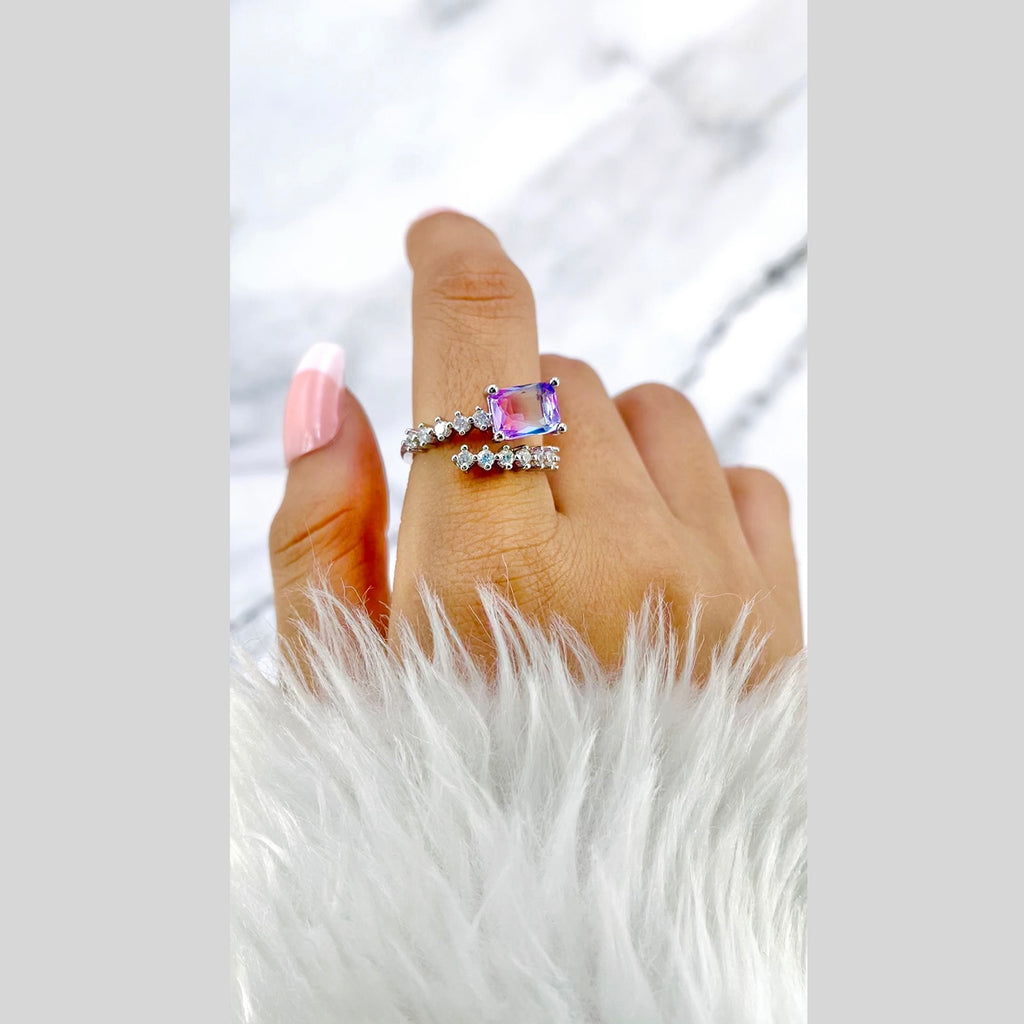 Blue Pink Crystal Multi Silver Anti Tarnish Free Size Ring Women Bulk