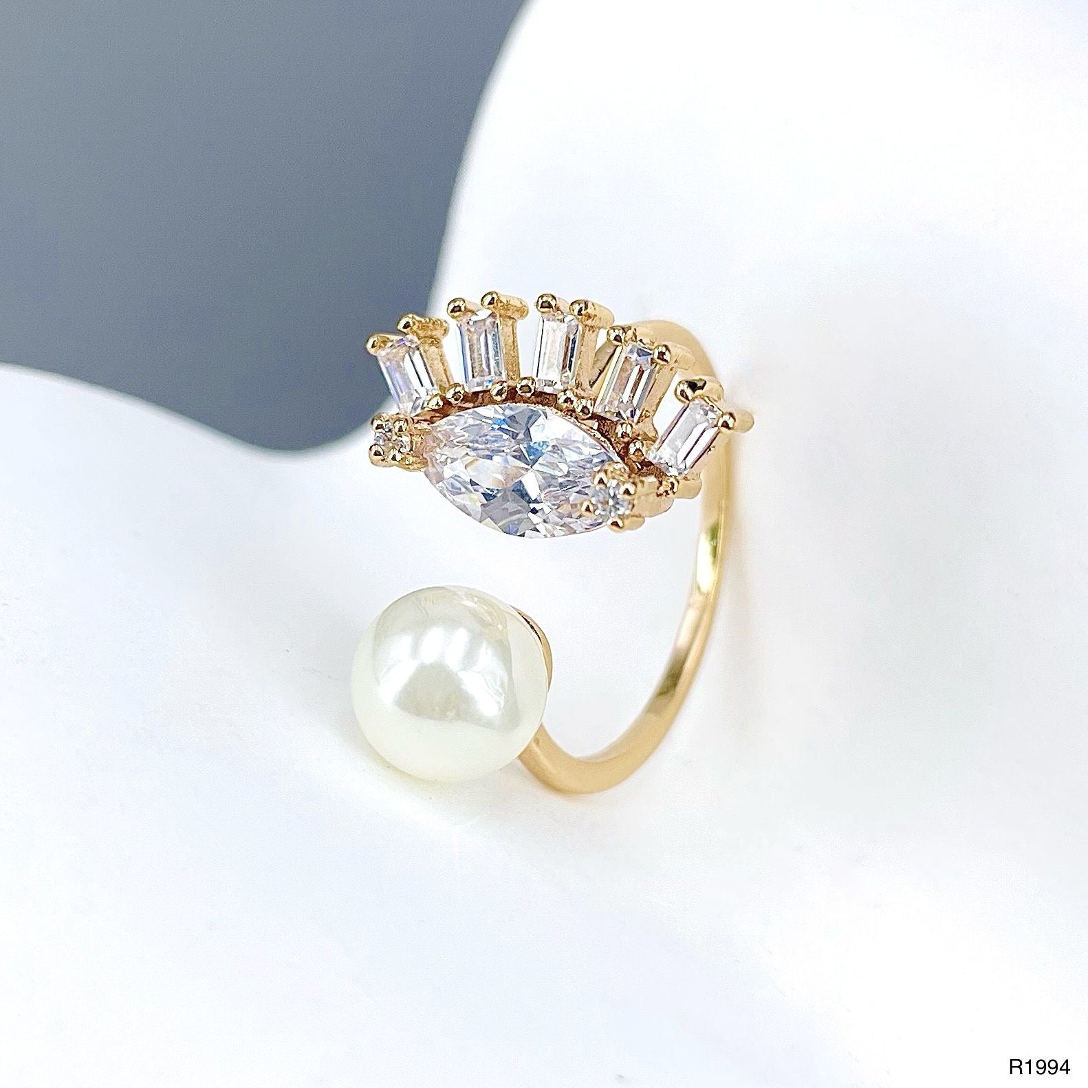 Solitaire Eye Lash Evil Eye White Gold CZ Pearl Anti Tarnish Ring Bulk